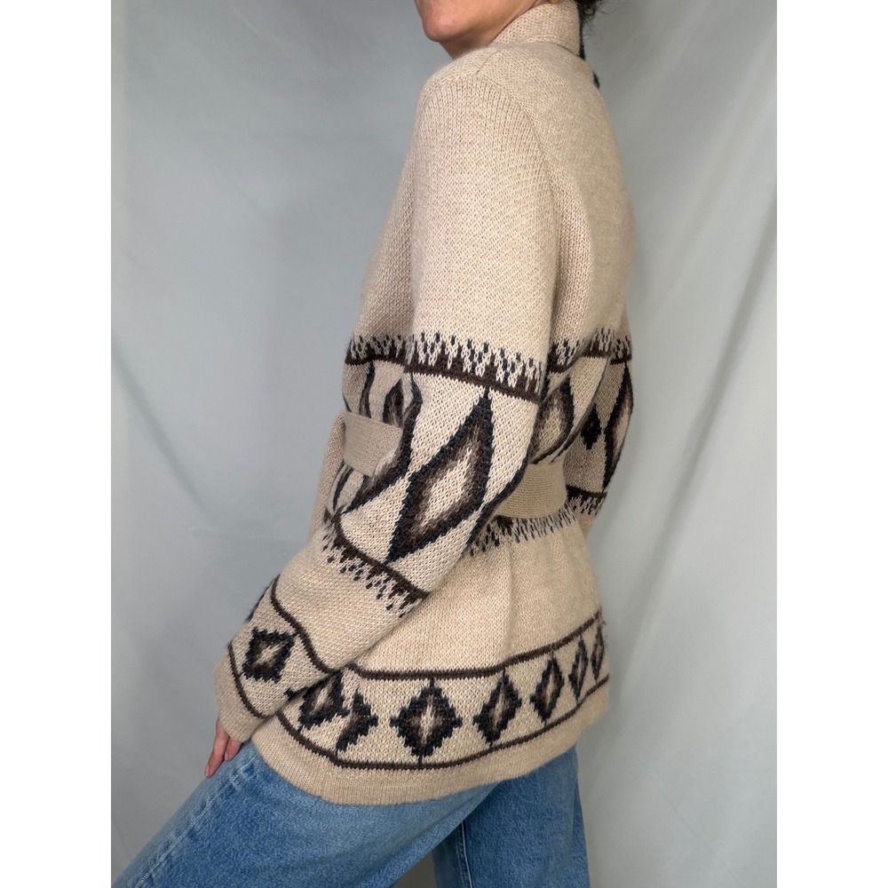 Overland Sylvia Cardigan Sweater Tan Alpaca Belted Tribal Shawl Collar Wool M - Picture 3 of 11